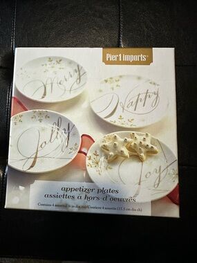 Pier 1 Imports Holiday Appetizer Plates - White with Gold Script